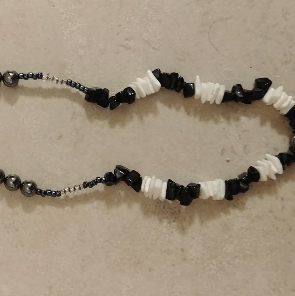 Black/white coral, bead & hematite boho necklace